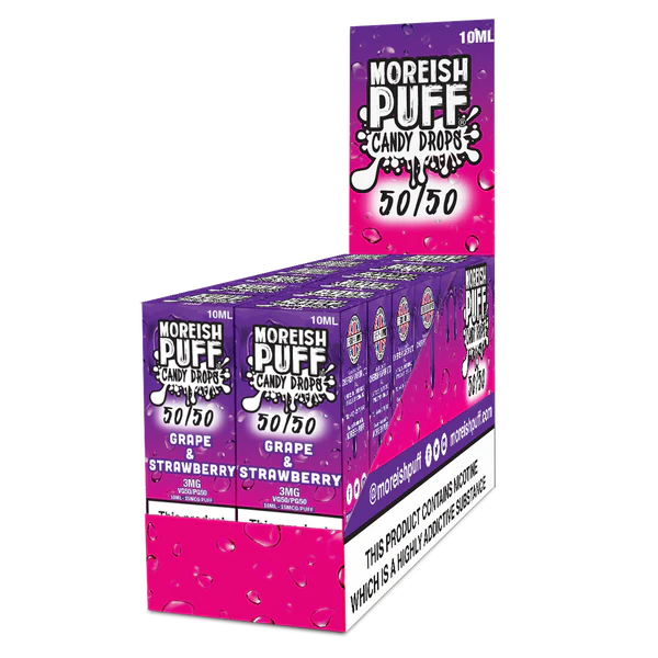 Moreish Puff Candy Drops 50/50: Grape and Strawberry Candy Drops 10ml E-Liquid 3mg PACK OF 12