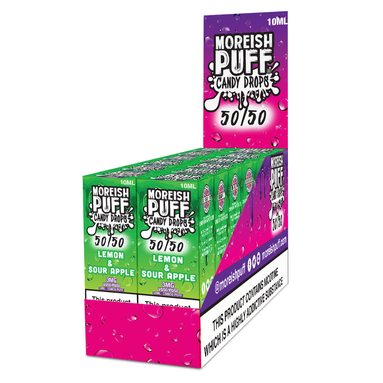 Moreish Puff Candy Drops 50/50: Lemon and Sour Apple Candy Drops 10ml E-Liquid 3mg PACK OF 12