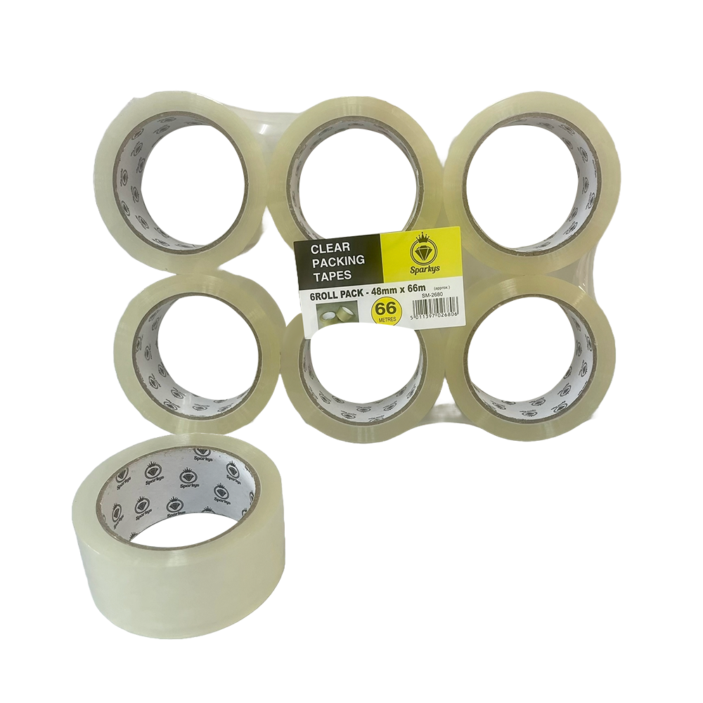 Sparkys Clear Packing Tapes - 6 Roll 48mm x 66m