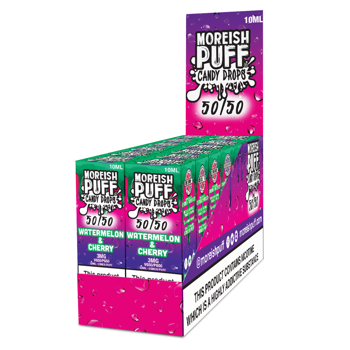 Moreish Puff Candy Drops 50/50: Watermelon and Cherry Candy Drops 10ml E-Liquid 3mg PACK OF 12